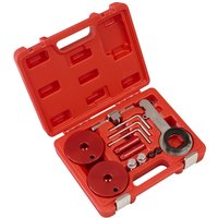 Red Sealey diesel engine timing tool kit with various metal tools in a molded case for Ford 2.0TDCi EcoBlue.
