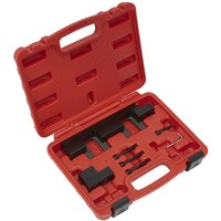 Red Sealey diesel engine timing tool kit in molded case with various black metal components.