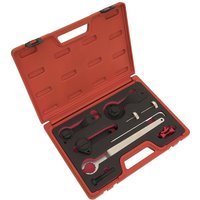 Red Sealey timing tool kit with various black and red tools in a molded case for VAG petrol engines.