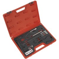 Red Sealey diesel engine timing tool kit with various metal tools in a custom foam case.