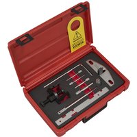 Red Sealey diesel engine timing tool kit with various metal tools in a molded case for Ford, Mazda, PSA engines.