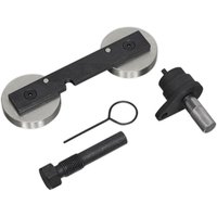 Sealey VSE5950 timing tool kit with black metal components and silver circular parts for VAG petrol engines.