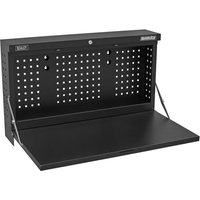 Black Sealey wall mount fold down metal workbench with perforated pegboard and sturdy side supports.