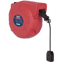 Red Sealey wall-mounted cable reel with black extension cord and plug, featuring a blue label on the casing.