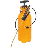 Orange Sealey water pressure sprayer with black handle, hose, and brass spray wand.