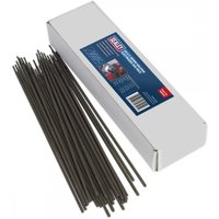 Sealey WE5025 welding electrodes, Ø2.5 x 300mm, 5kg pack, gray rods with white box featuring blue and red label.
