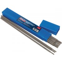Blue box of Sealey welding electrodes, hardfacing Ø4 x 350mm, with several silver rods partially out.