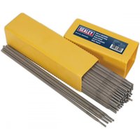 Yellow box of Sealey welding electrodes, hardfacing Ø4 x 350mm, 5kg pack, with exposed silver rods.