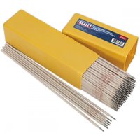 Yellow box of Sealey stainless steel welding electrodes, Ø2.5 x 300mm, 5kg pack, with exposed silver rods.