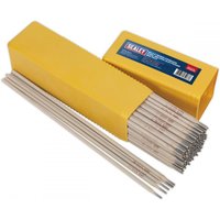 Yellow box of Sealey stainless steel welding electrodes, Ø3.2 x 350mm, 5kg pack, with visible rods and blue label.