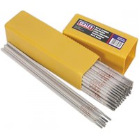 Yellow box of Sealey stainless steel welding electrodes Ø4 x 350mm, 5kg pack with visible rods.