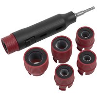 Black and red Sealey wheel stud cleaning tool kit with ergonomic handle and five interchangeable brush heads.