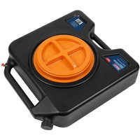 Black Sealey wheeled oil drain container with large orange screw cap and side handles.