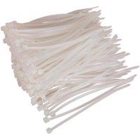 White Sealey cable ties, bundled stack, plastic material, self-locking mechanism, varying lengths.