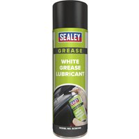 Sealey White Grease Lubricant Spray, green can with black cap, Sealey logo, and product image on label.