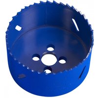 Blue Sealey HSS hole saw blade Ø79mm with serrated edge and multiple circular cutouts.