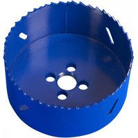 Blue Sealey HSS hole saw blade Ø92mm with sharp teeth and multiple circular cutouts on the base.