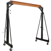 Black and orange Sealey winch-assisted portable gantry crane with adjustable height and four caster wheels.