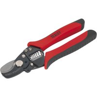 Red and black Sealey wire stripping and cutting pliers with ergonomic handles and adjustable stripping gauge.