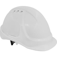 White Sealey Worksafe 502 safety helmet with vents on top and adjustable black strap.