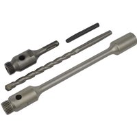 Sealey Worksafe SDS Plus Core Drill Adaptor Kit with silver metal adaptors and drill bit, includes hex key.