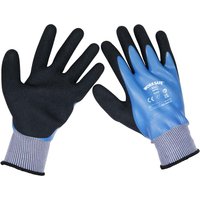 Blue and black Sealey Worksafe waterproof latex gloves with ribbed cuffs and textured palms.