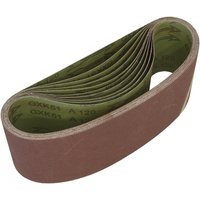 Pack of 10 Sealey sanding belts, 100x610mm, 120 grit, brown abrasive surface with green backing, looped design.