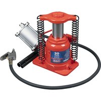 Red Sealey 12 Tonne hydraulic bottle jack with air-operated pump, coiled springs, and black hose attachment.