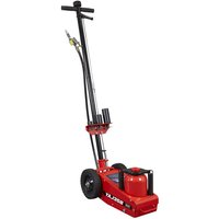 Red Sealey YAJ35B trolley jack with black handle, air-operated, single stage, two wheels, and 35-tonne capacity.
