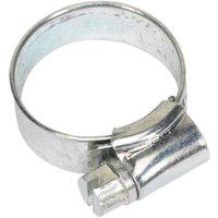 Zinc plated hose clip with a screw mechanism, circular band design, and shiny silver finish.