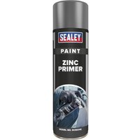 Sealey Zinc Primer Aerosol Spray Paint, black can with blue and white label, image of metalwork on front.