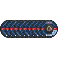 "Blue Sealey Zirconium Abrasive Flap Disc with red label and central metal hub, set of ten discs"