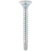 Silver Timco self-drilling drywall screw with flat head and sharp spiral threads.