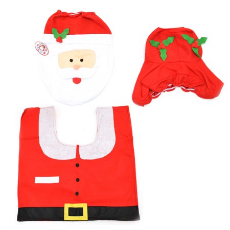 Festive red Santa-themed toilet seat cover and mat set, featuring a smiling Santa face, holly accents, and a suit design, made of soft fabric for Christmas bathroom decor.