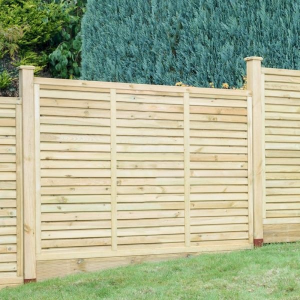 Grange Contemporary Vogue Panel 1.2m features a sleek wooden design with horizontal slats, natural wood finish, and sturdy posts, ideal for modern garden fencing.