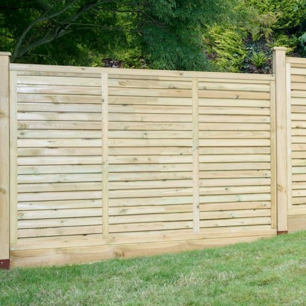 Light wooden fence panel with horizontal slats, measuring 1.8m, featuring a contemporary design, set against a lush green garden backdrop.