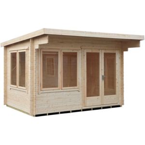 Light wood log cabin with a flat roof, featuring large windows and double doors, measuring 3.6m x 3.6m, made from 28mm timber.