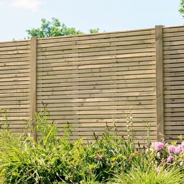 Contemporary wooden garden panel measuring 1.79m x 1.79m, featuring horizontal slats and a natural finish, surrounded by greenery and flowers.