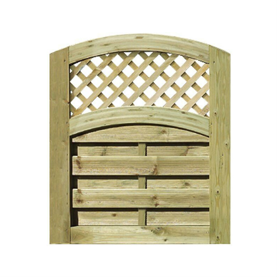 Wooden garden gate featuring a curved top with lattice design, finished in a natural wood tone, measuring 0.985m in height, ideal for enhancing outdoor spaces.