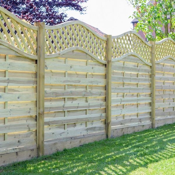 Light wooden fence panel with a wavy top and lattice design, measuring 1.5m, featuring horizontal slats and a natural finish, set against a green lawn and trees.