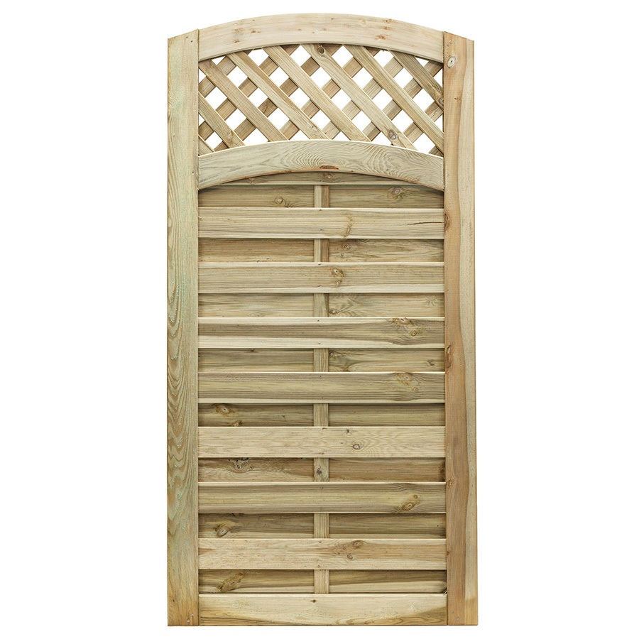 Wooden garden gate with a curved top and lattice design, featuring horizontal slats and a natural wood finish, measuring 1.8 meters in height.