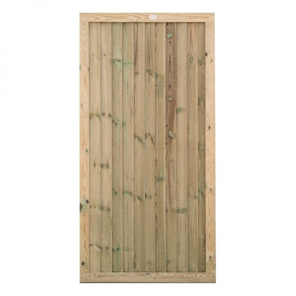 Green wooden featheredge gate measuring 1800 x 900mm, featuring vertical slats and a natural wood finish with a sturdy frame.