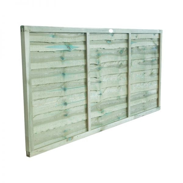 Grange Superior Lap Panel, 0.9m, made of pressure-treated wood, featuring a natural green tint and horizontal slats for a sturdy garden fence.