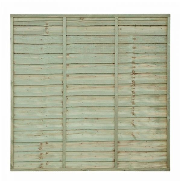 Pressure-treated wooden lap panel fence, measuring 1.65m, featuring a light green finish with horizontal slats and a sturdy frame for enhanced durability.