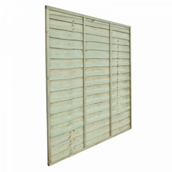 Pressure-treated wooden lap panel fence, 1.8m high, featuring horizontal slats in a light green finish, designed for durability and privacy in garden settings.