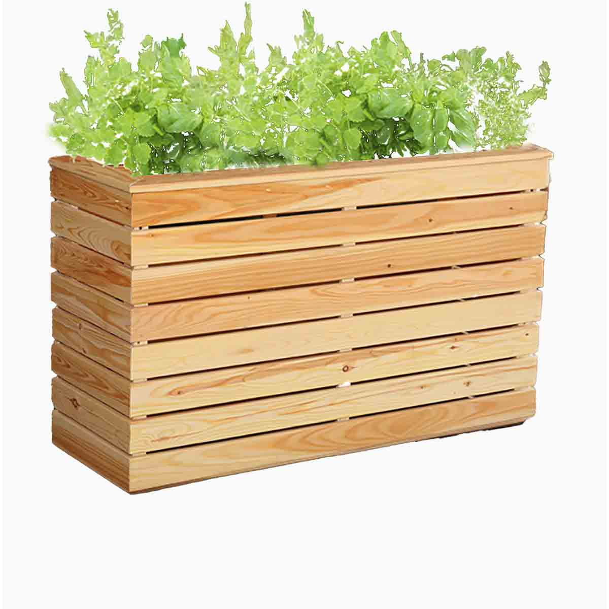 Brown wooden planter with a slatted design, featuring lush green plants on top, ideal for outdoor gardening or decoration.