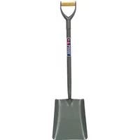 All-steel square mouth shovel with a grey finish and wooden D-grip handle by Spear and Jackson.