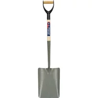 Gray Spear and Jackson shovel with solid tapered blade, wooden D-handle, and blue-red label on the shaft.