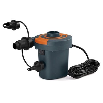 Compact blue and orange Sidewinder DC Electric Air Pump with two nozzle attachments and a power cord, designed for quick inflation and deflation of inflatable items.