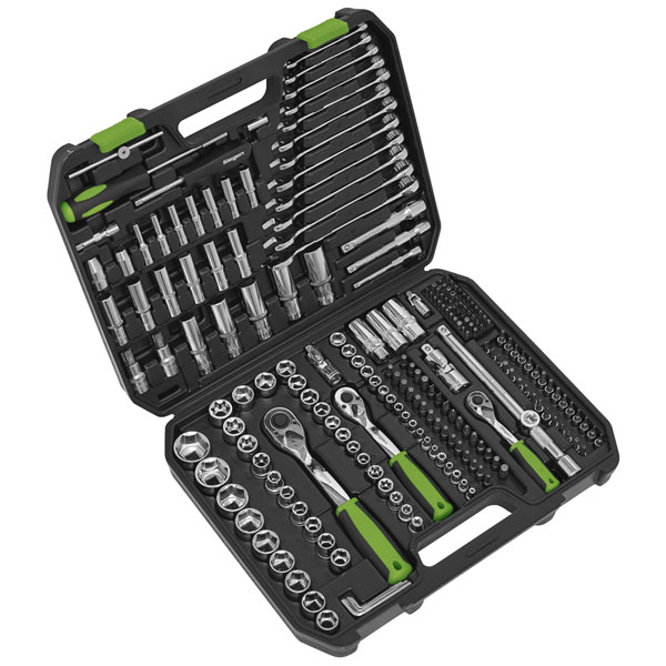 A 219-piece socket set featuring shiny chrome vanadium tools in a black and green case, including various sizes of sockets, ratchets, and extensions for 1/4", 3/8", and 1/2" drives.